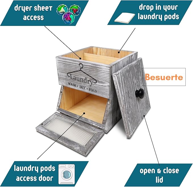 Besuerte Farmhouse Dryer Sheets Holder & Laundry Pod Container, Rustic Grey Wooden Laundry Pod Dispenser, Dryer Sheets Container Laundry Room Organizers And Storage