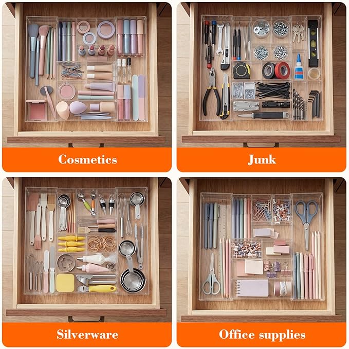 1 Pcs Acrylic Desk Drawer Organizer 9'' up to 17'' x 15'' x 2.1'' Expandable Drawer Organizer Trays with 9 Adjustable Compartments Clear Desk Accessories for Makeup Office Bathroom