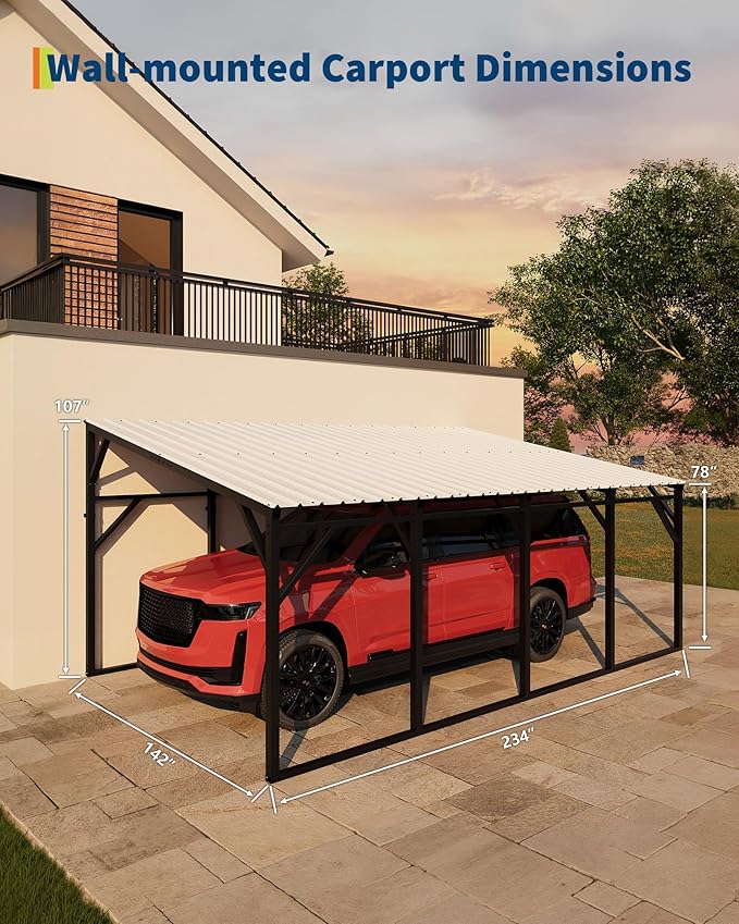 Garvee 12x20 ft Lean-to Metal Carport, Vertical Roof Wall-Mounted Car Port with 11.5° Slope, Heavy-Duty 19-Ga. Steel Frame, 107" to 78" Height Clearance for SUV & Pickup