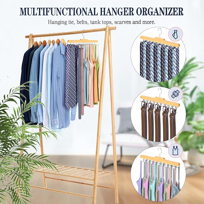 Tie Rack Hanger for Closet Fitnice Upgraded Non Slip Tie Holder Organizer Space Saving with 20 Foldable Hooks Wooden Belt Hanger for Tank Tops Bras Cami Scarves