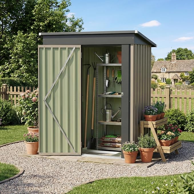 Devoko 5 x 3 FT Metal Storage Shed with Floor Frame Waterproof Garden Tool Shed with Lockable Door, Outdoor Shed Storage House for Backyard Patio Lawn, Brown