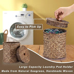 Sumnacon Wicker Laundry Pods Container with Lid, Natural Seagrass Pod Holder for Laundry Room Organization, Farmhouse Detergent Dispenser, Countertop Storage Basket Jars for Dryer Ball Laundry Sheets