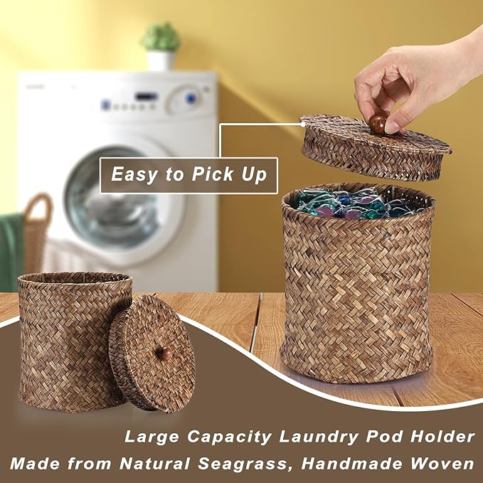 Sumnacon Wicker Laundry Pods Container with Lid, Natural Seagrass Pod Holder for Laundry Room Organization, Farmhouse Detergent Dispenser, Countertop Storage Basket Jars for Dryer Ball Laundry Sheets