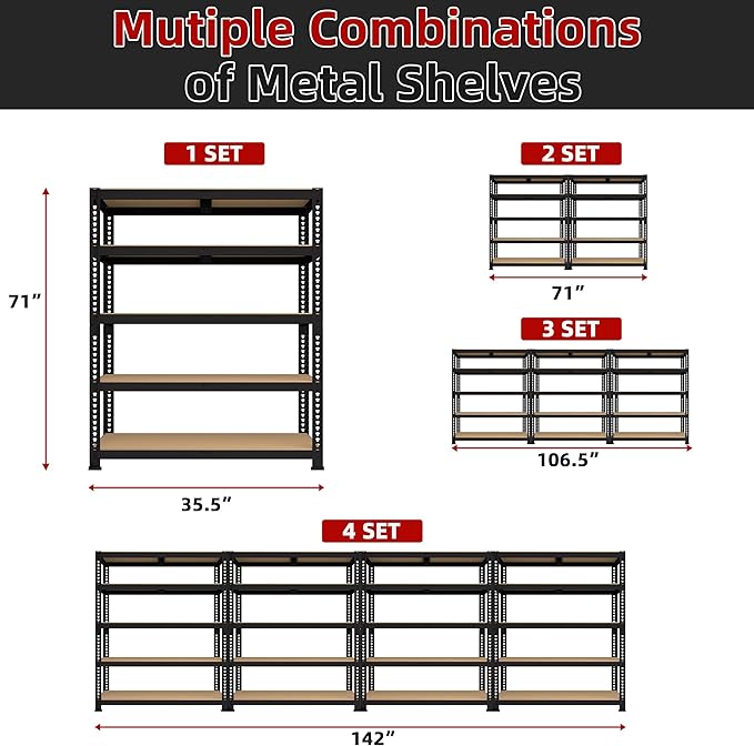 2 Packs 35.5" W x 16" D x 71" H Adjustable Garage Storage Shelves - 5-Shelf Heavy Duty Shelving Unit, Metal Utility Storage Organizer Racks for Warehouse Pantry Closet Kitchen, Black