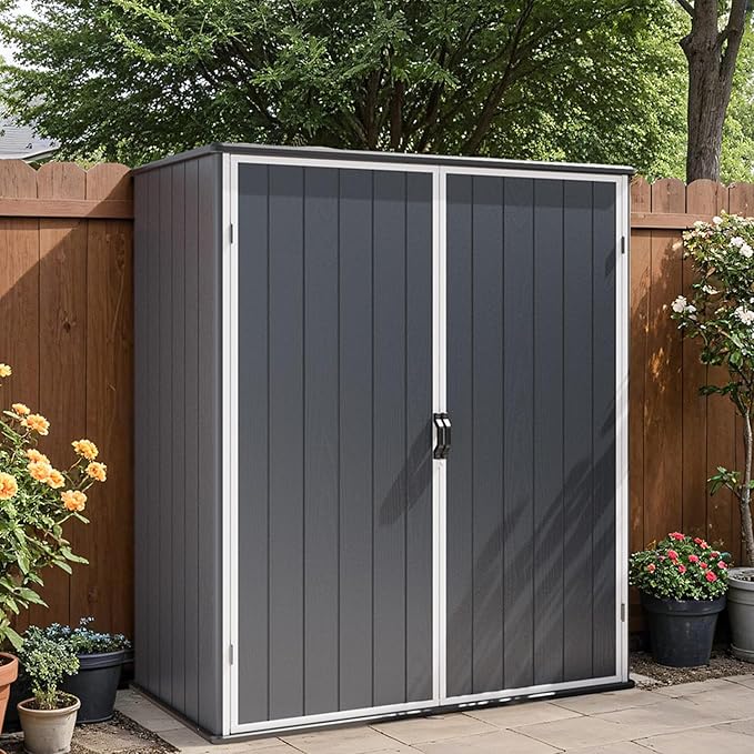 Patiowell 5x3 FT Resin Outdoor Storage Shed with Floor, Plastic Waterproof Outdoor Storage Cabinet, Garden Organizer Shed with Lockable Door for Patio Furniture, Pool Accessories, Dark Gray