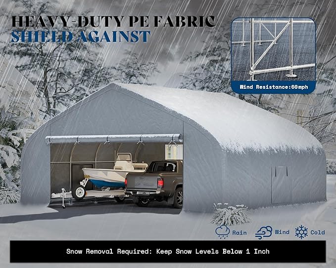 AMERLIFE 22.5 x 20 FT Enclosed Carport, Heavy Duty Garage with Waterproof Cover, UV Protection & Wind Resistant, Portable Carport for 2 Car, Boat Shelter & Farm Outdoor Storage, Silver