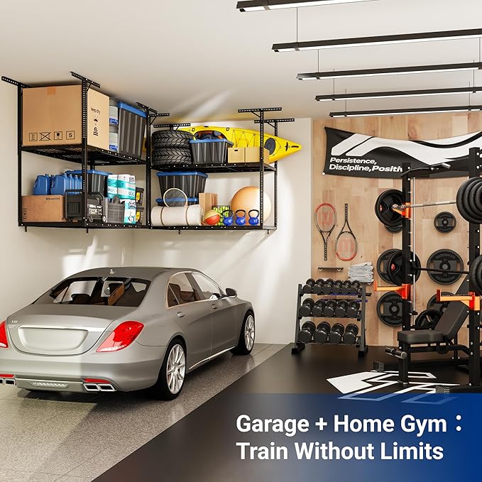 FLEXIMOUNTS 3x6 2-Tier Overhead Garage Storage Rack – Adjustable Heavy Duty Metal Garage Ceiling Storage Racks, 880 lbs Capacity – Garages Organization System for 9–15 ft Tall Garages, Black