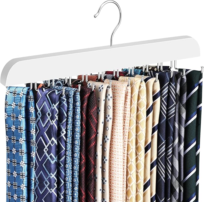 Upgraded Tie Rack Hanger with 20 Foldable Metal Hooks, Space Saving Necktie Organizer for Men – Large Capacity Tie and Belt Wooden Hanger for Closet - White