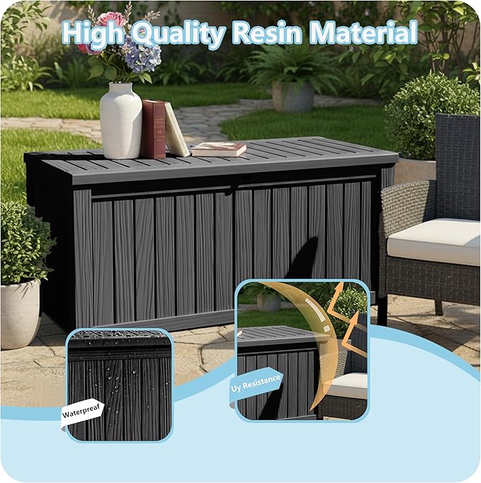 150 Gallon Deck Box Outdoor, Waterproof Outdoor Storage Boxes with Lids, Outside Resin Lockable Storage Box for Patio Cushions, Garden Tools(Black)