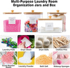 Laundry Room Organization Container, 4pcs Acrylic Laundry Pod Storage Containers, Dryer Sheet Holder Jars with Bamboo Lids and Labels for Scent Booster Powder Detergent Pods Storage