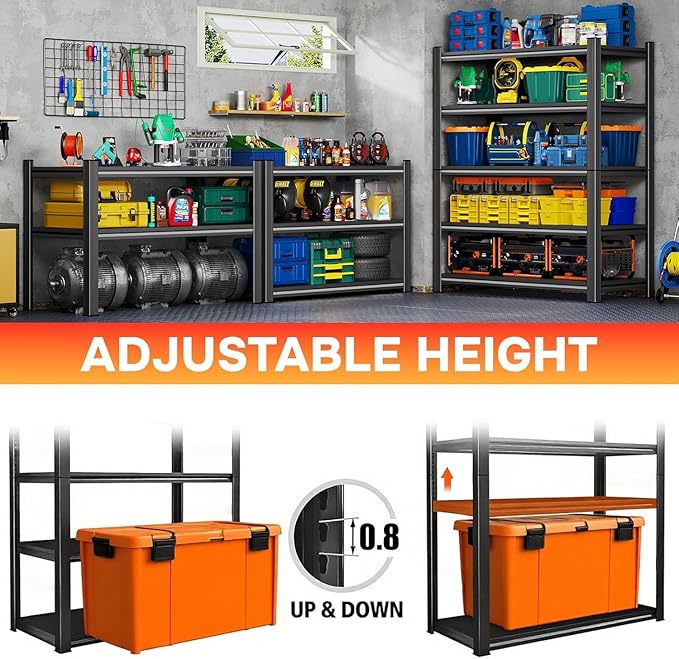 5 Tier Wide Garage Shelving Heavy Duty, Metal Storage Shelves for Garage Organization, Adjustable Utility Shelf, 45.3" W x 18" D x 63" H