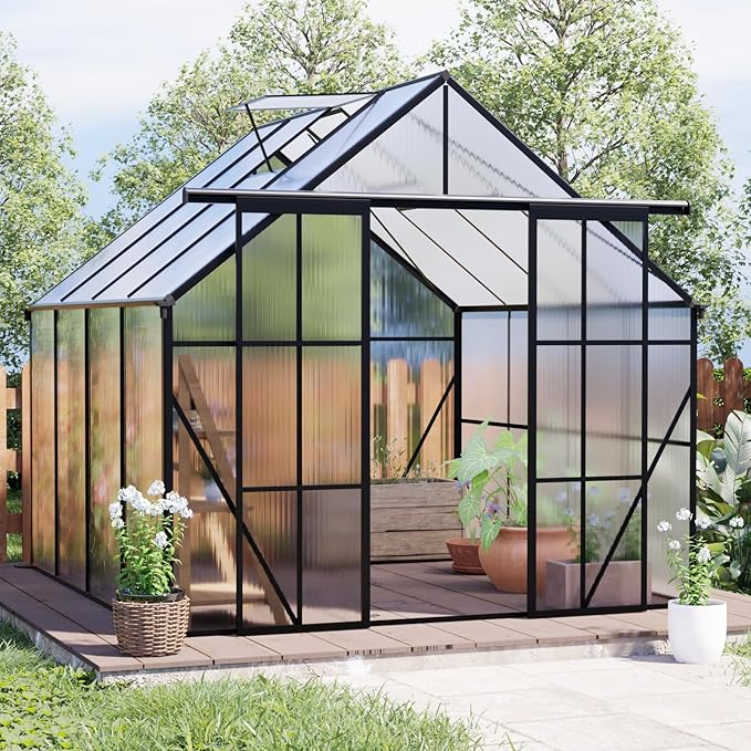 Double Sliding Door Polycarbonate Greenhouse with Rain Gutter and Roof Vent, Raised Base and Anchor Aluminum Heavy Duty Walk-in Green House, Outdoor Patio Sunroom (Black, 97.75*94.5*89.5in)