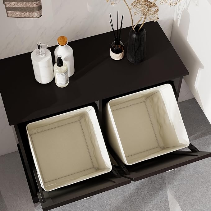 Two-Compartment Tilt-Out Laundry Sorter Cabinet,Bathroom Storage Organize Cabinet with 2 Removable Hamper Clothes Basket (Black)