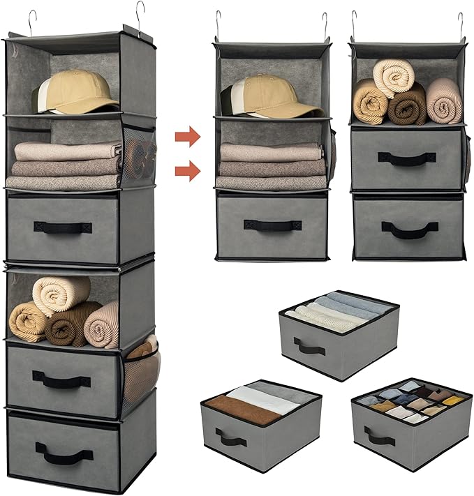GRANNY SAYS 6-Shelf Hanging Closet Organizer, Separable to 2 Pack 3-Shelf, Closet Organization and Storage with 3 Different Drawers, 4 Side Pockets Wardrobe Clothes Organizer, Gray, 1-Pack