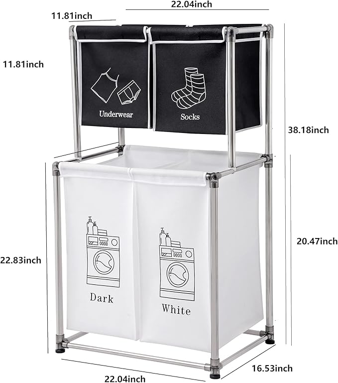 Laundry Hamper 2 Tier Laundry Sorter with 4 Removable Bags for Organizing Clothes, Laundry, Lights, Darks