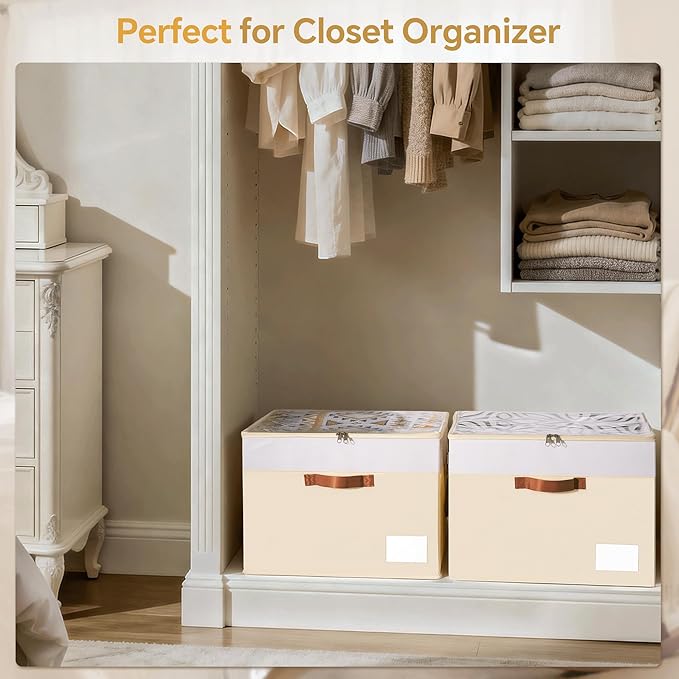 Criusia Shoe Organizer for Closet, 2 Pack Foldable Shoe Storage Organizer Box Bin with Adjustable Dividers and Clear Cover, Closet Shoe Storage for Sneakers Sandals Boots, Fit 16-32 Pairs, Beige