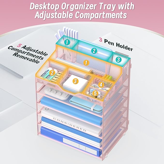 6 Tier Mesh Desk Organizer,Multi Functional Letter Paper Tray with 3 Pen Holders and 5 Adjustable Storage Compartments for Office Supplies Files and Mail Space Saving Desktop Organizer-Pink