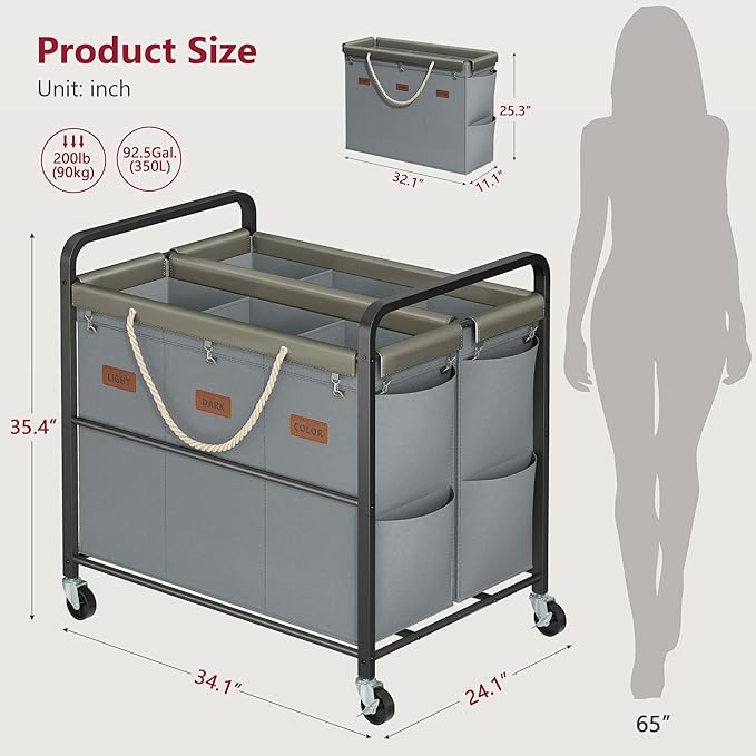 Tajsoon 350L Extra Large Laundry Cart 6 Section, Heavy Duty Laundry Sorter with Lockable Wheels, Laundry Basket with Sturdy Metal Frame, Leather Patchwork Laundry Separated with Removable Bags, Grey