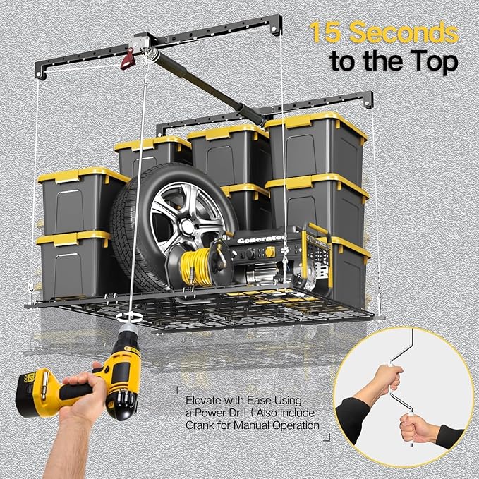 Overhead Garage Storage Rack for 12-14ft Ceiling, Heavy-duty 4x4 FT Garage Ceiling Storage Racks with Safety Lock, Ideal for Storage Mounted Lift System and Storage Organizer, 250lbs Capacity