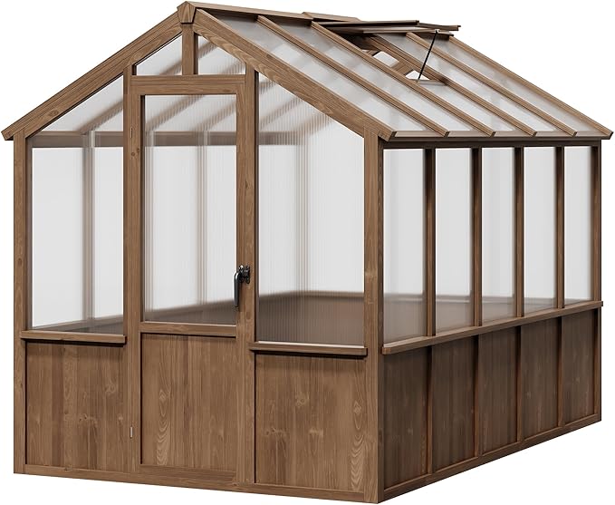 Heavy Duty Spruce Frame Wooden Greenhouse – Walk-in Outdoor Garden Outdoor Storage with Polycarbonate Panels, Adjustable Roof Vents, Lockable Door, Spacious Storage, Ideal for Patio, Lawn,