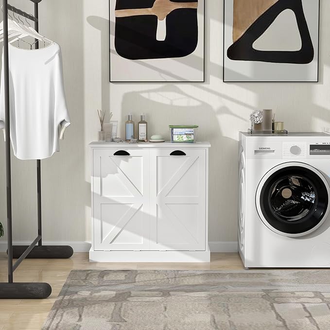 Two-Compartment Tilt-Out Laundry Sorter Cabinet,Bathroom Storage Organize Cabinet with 2 Removable Hamper Clothes Basket (White-A)