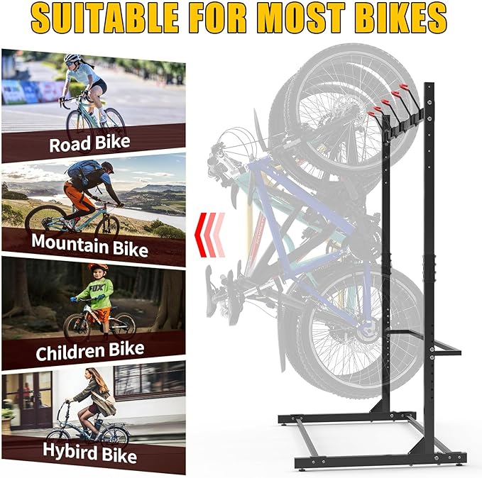 Freestanding 5 Bikes Stand w/Upgrade Hooks, 52" Heavy Duty Garage Vertical Storage Rack for Storage, Bike Floor Stand Indoor Outdoor Bicycle Organizer