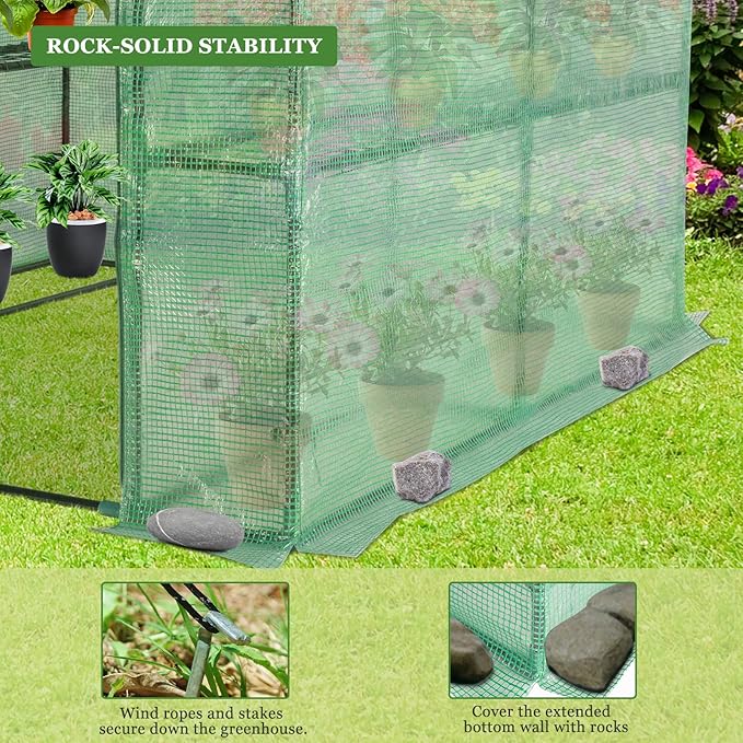 Walk-in Greenhouse with Iron Pipe Steeple, 77H x 56W x 56D inches, Greenhouse for Outdoors with Screen Windows, Green PE Cover, Roll-up Zipper Door, Portable Green House with Shelf Clips