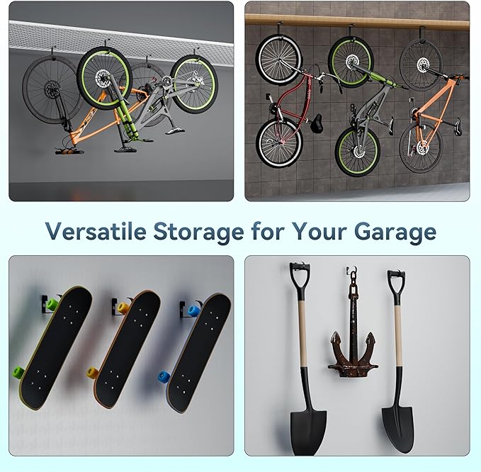Bike Hooks for Garage Ceiling Storage Racks, 4 Pack Heavy-Duty Steel Thickened Flat Hooks, Supports Up to 50 lbs, Bike Hanger Add-On Overhead Garage Storage Rack & Wall Shelving, Black