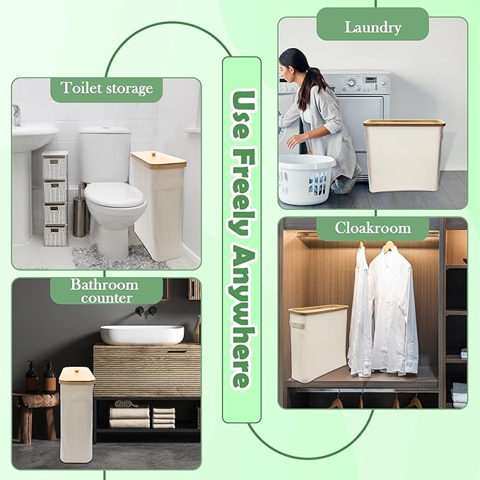 24L Toilet Paper Storage with Bamboo Lid and Anti Slip Foot Nail for 12-Roll Standard Toilet Paper Container Oxford Storage Holder with Handle Beige