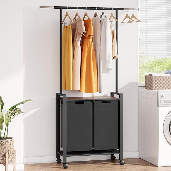 Large Laundry Hamper With Hanging Clothes Rack –2-Section Rolling Laundry Basket With Removable Pull-Out Sorting Bags, Wheeled Organizer for Laundry Room, Bathroom & Bedroom（2 Hampers, black）