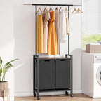 Large Laundry Hamper With Hanging Clothes Rack –2-Section Rolling Laundry Basket With Removable Pull-Out Sorting Bags, Wheeled Organizer for Laundry Room, Bathroom & Bedroom（2 Hampers, black）