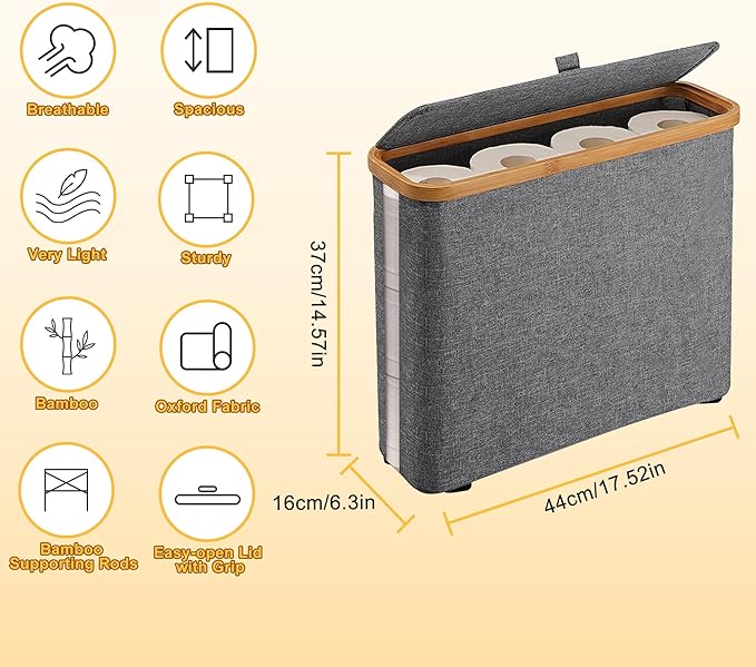 Grey Toilet Paper Storage Basket with Lid for 12 Roll, Standing Sturdy and Foldable Toilet Tissue Holder for Bathroom, Spacious Toilet Paper Storage for Papers, Sundries, Toys
