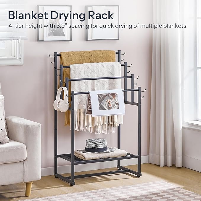 HOOBRO 4-Tier Free Standing Towel Rack for Bathroom, Blanket Rack Stand, 23.6" L x 15.9" W x 40.7" H, Freestanding Quilt Stand, Blanket Display Holder for Bedroom, Industrial Style, Black BK07LB01