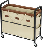 Tajsoon 148L Large Laundry Sorter 3 Section, Laundry Hamper with Heavy Duty Lockable Wheels, Rolling Laundry Cart with Sturdy Metal Frame, Leather Patchwork Laundry Basket with Removable Bag, Beige