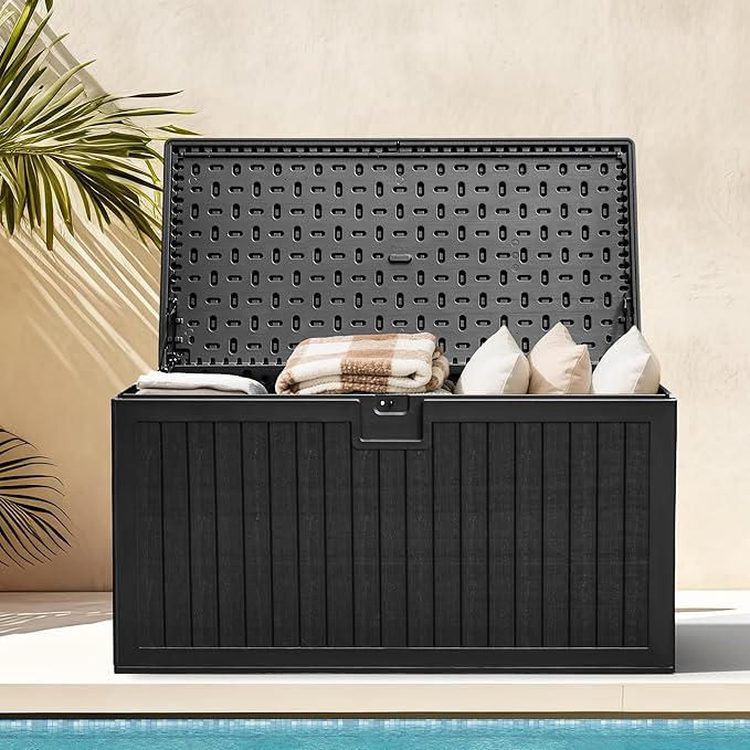 DWVO 230 Gallon Resin Outdoor Storage Box, XXL Double-Wall Waterproof Deck Box with Divider, Doubles as Table or Seating with 1000 lbs Capacity, Lockable (Black)