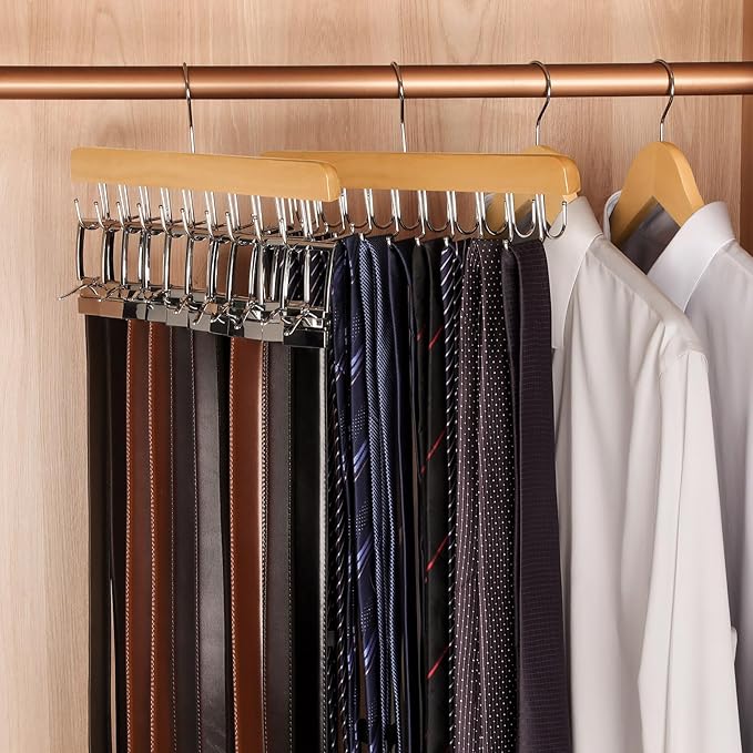 TOPIA HANGER 2 in 1 Belt Tie Hanger for Closet Max 30 Belts with 30 Ties Capacity, 20 Hooks Belt Tie Racks Wooden Hanger for Closet Organizer Storage Space Saving “U” Fit Belt and “一” Fit Tie - CT47N