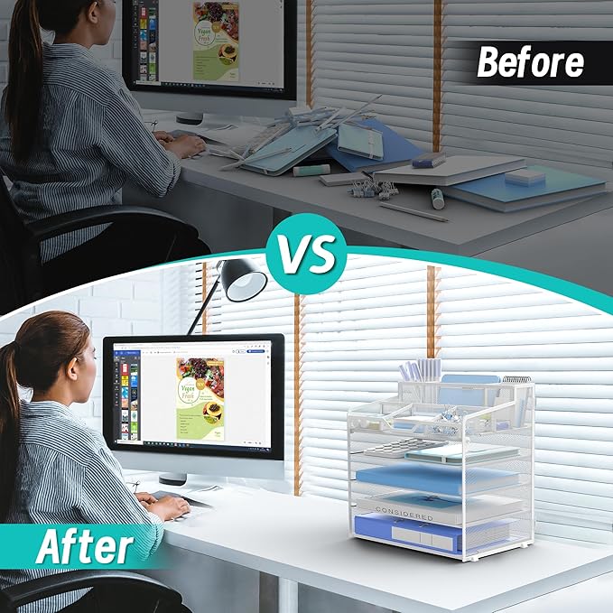5 Tier Mesh Desk Organizer,Multi Functional Letter Paper Tray with 3 Pen Holders and 5 Adjustable Storage Compartments for Office Supplies Files and Mail Space Saving Desktop Organizer-White