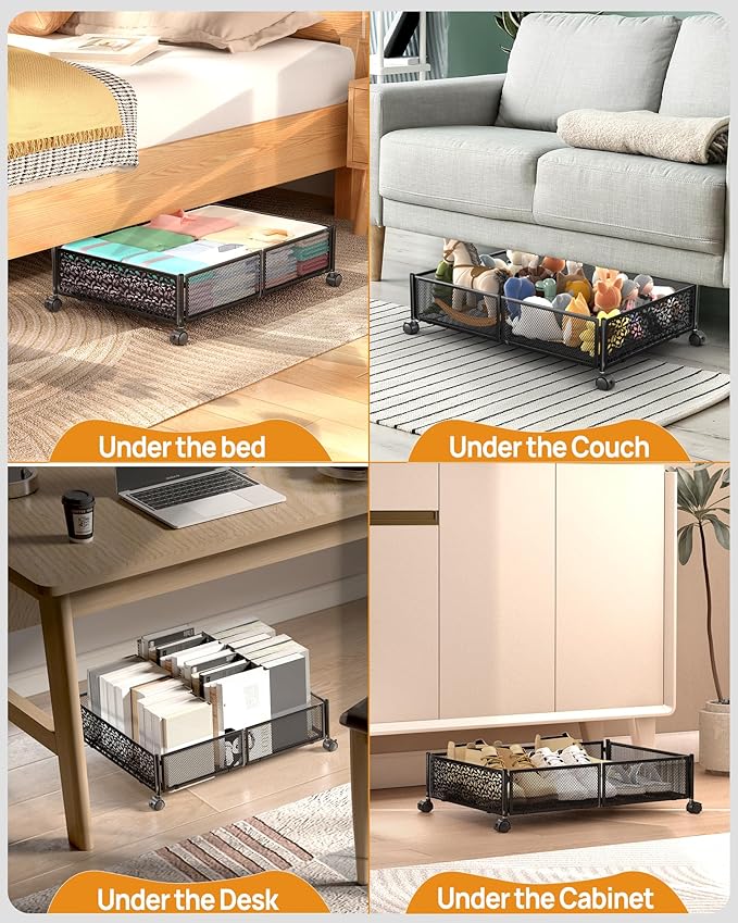 Under Bed Storage with Wheels, Foldable Pattern Carved Metal Under Bed Storage Containers, 60L Rolling Underbed Storage, Easy Assembly Under The Bed Storage for Shoes, Clothes, Blankets...