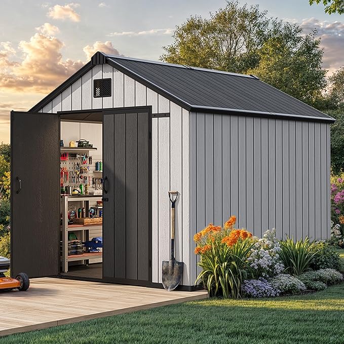 YITAHOME 8x10 FT Large Outdoor Storage Shed with Vision Windows, Extra Thick Resin Shed with Floor and Vents, 16mm Heavy Duty Plastic Storage Shed Tool Organizer for Backyard Garden Patio Lawn, Gray