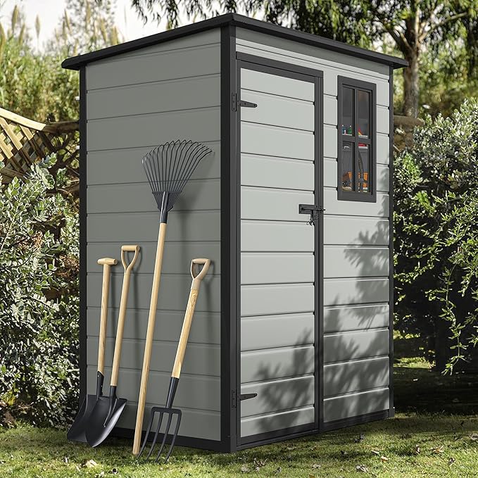 DWVO 5x3ft Resin Outdoor Storage Shed with Floor, Waterproof Lockable Storage Shed with Window, Plastic Outside Tool Storage for Garden, Backyard Patio