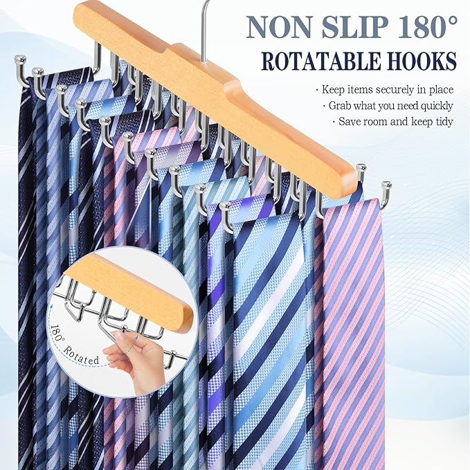 Tie Rack Hanger for Closet Fitnice Upgraded Non Slip Tie Holder Organizer Space Saving with 20 Foldable Hooks Wooden Belt Hanger for Tank Tops Bras Cami Scarves