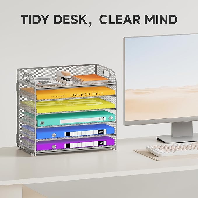 6 Tier Paper Organizer, Silver Letter Tray with Handle, Mesh Desk Organizer, Metal File Organizer, Office Desk Accessories for Home, Office, Classroom, School