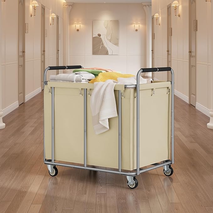 Tajsoon 450L Extra Large Laundry Basket with Wheels, Rolling Laundry Hamper with Handle, Heavy Duty Laundry Cart with Metal Frame, Commercial Laundry Sorter for Hotel, Bathroom, Bedroom, Khaki