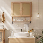 Rattan Bathroom Wall Cabinet with Towel Bar, Wall-Mounted Medicine Cabinet with Adjustable Wood Shelf & Doors, Over The Toilet Storage Cabinet for Laundry Room & Kitchen & Living Room