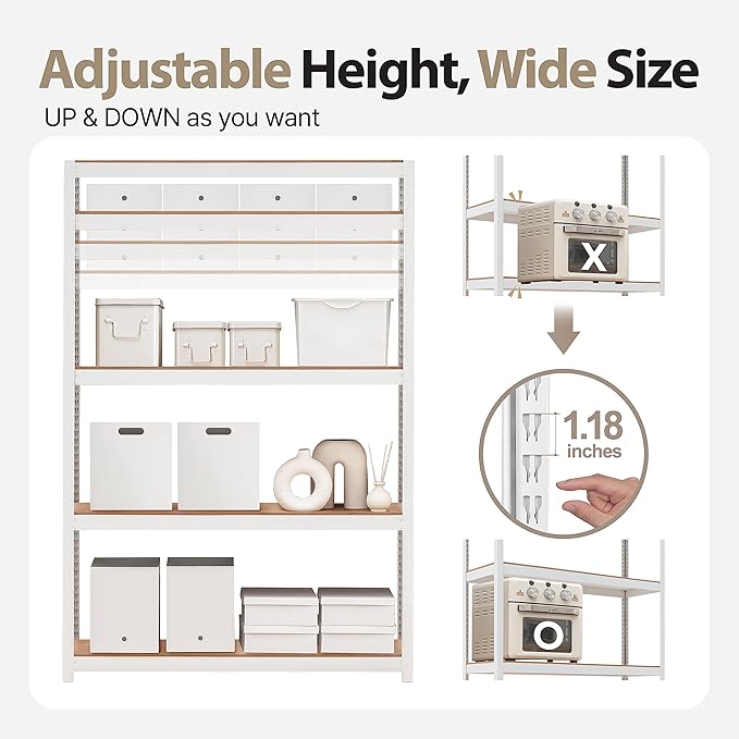 HOMEDANT House 5 Tier Heavy Duty Garage Shelving Adjustable Metal Rack Storage Shelves Standing Shelf Unit Organizers Pantry Closet Office (1, White, 48.1" W x 24.4" D)