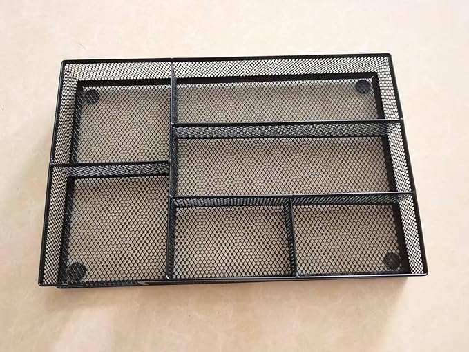 Desk Drawer Organizer tray, Mesh Drawer Organizer Tray for Office, School or Home Supplies Desktop Storage Stationery,bathroom,kitchen, 6 Compartments, 12.6 x 8.27 x 1.57 inch, Black