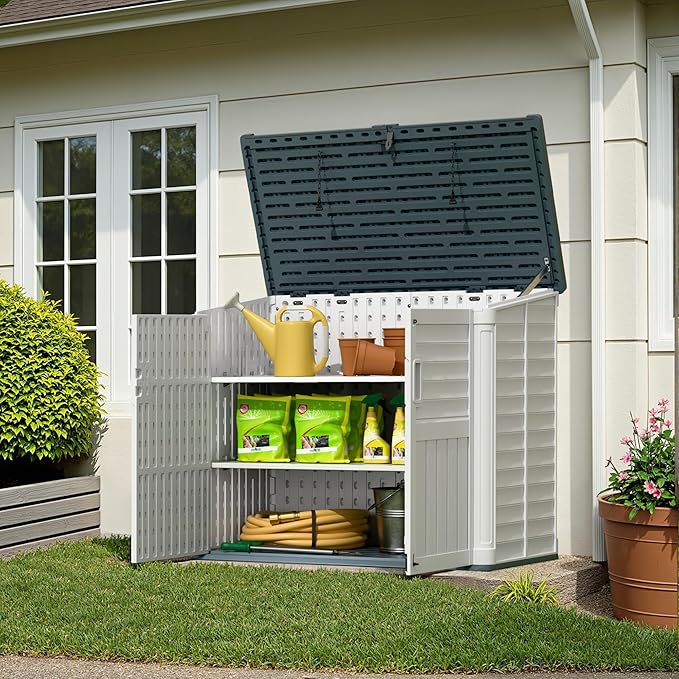 Greesum Outdoor Storage Shed 34 Cu Ft with Lockable Doors, Waterproof Outdoor Storage Cabinet for Trash Cans, Patio Cushions, Gardening Tools with Wood Grain Finish (Beige)