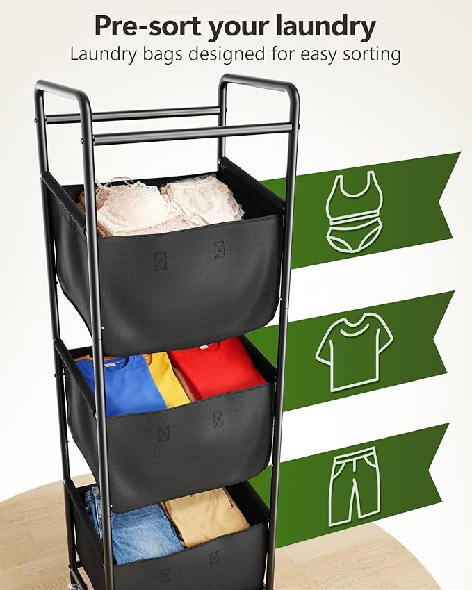 3 Section Laundry Sorter with Removable Bags, 120L Rolling Vertical Laundry Hamper, Stackable Laundry Baskets organizer for Bathroom, Apartment, Dorm (Black, With Wheel)