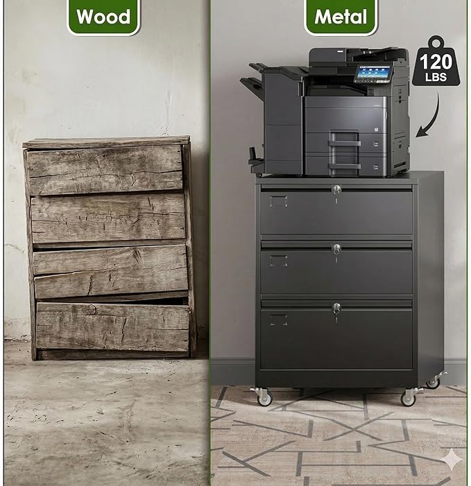 Aobabo 3 Drawer Lateral File Cabinet with Wheels, Lockable Metal Filing Cabinet for Home Office, Legal/Letter Size,Black,Required Assembled,15.87" D x 28.94" W x47.63 H