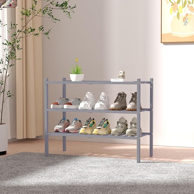 3 Tier Bamboo Shoe Rack for Closet Free Standing Wood Shoe Shelf Storage Organizer for Entryway Small Space Stackable 27"x11"x20" (Grey)